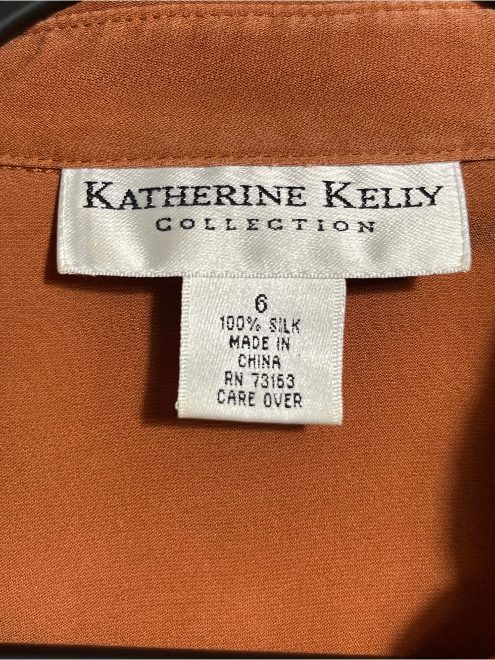 100% Silk Rust Brown Hidden Button Blouse Katherine Kelly Collection Size 6 - Picture 9 of 10